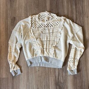 Free People Cream Cropped Blouse with Bib Collar and Ribbed Waistband